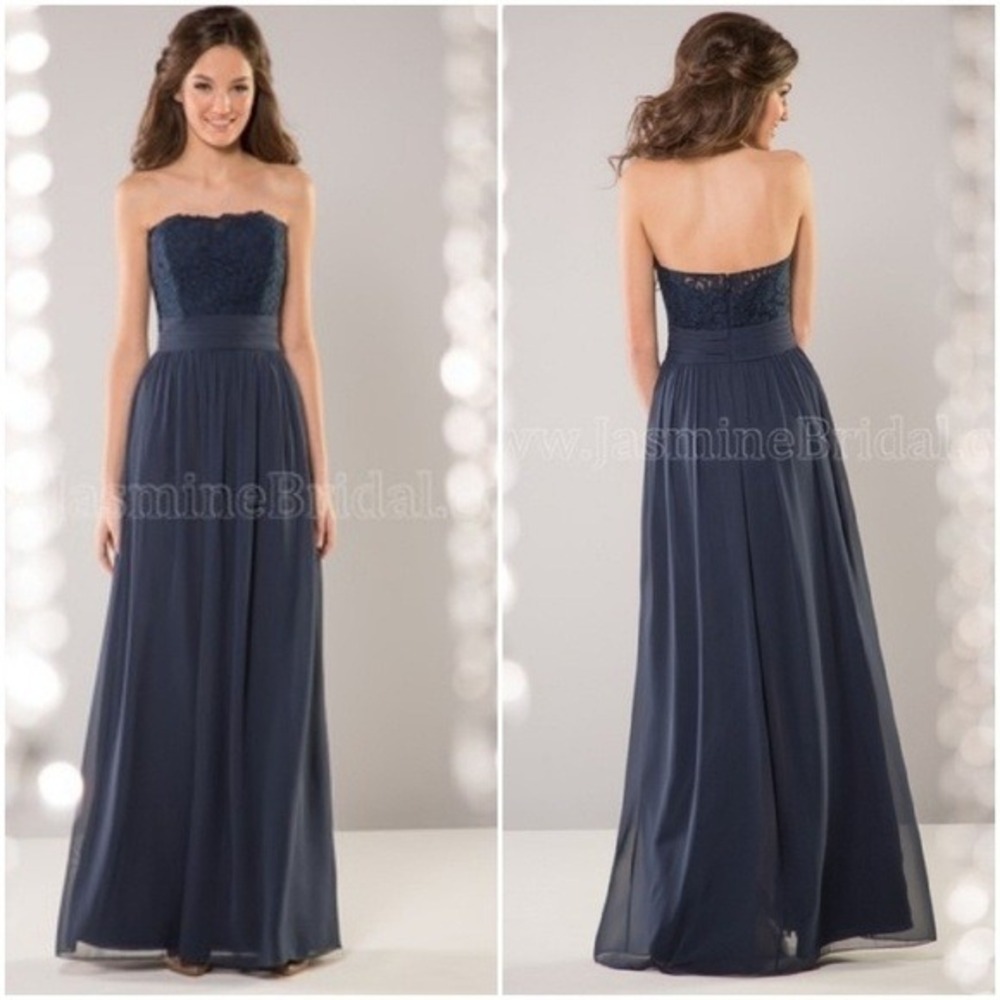 B2 Jasmine Navy Lace Bodice Strapless Chiffon Gown Formal Dress Prom‎ Size 14